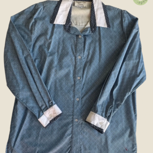 #223 – This shirt features a lightweight slate-blue base decorated with a uniform white