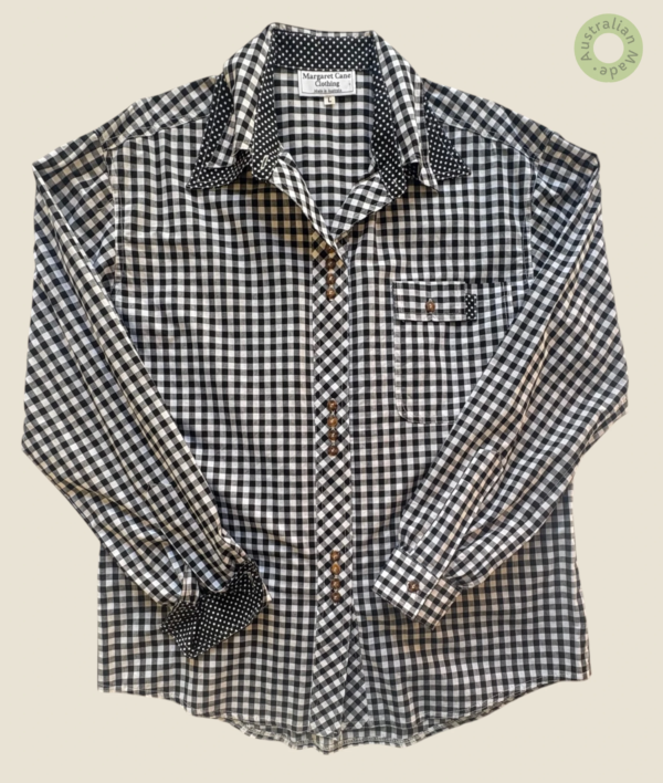 #109 – This shirt is crafted from a crisp, mid-weight gingham fabric in a classic black