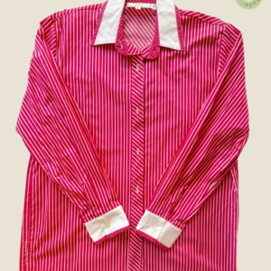 #224 – This shirt is made from a lightweight fabric featuring a vibrant magenta and whi