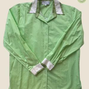 #225 – This shirt is made from a lightweight lime green fabric featuring an all-over wh