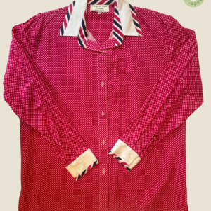 #229 – This shirt is crafted from a lightweight fabric in a distinct dark pink hue, fea