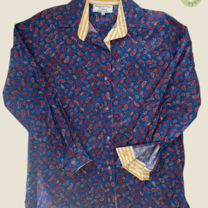 #410 – This professional shirt is crafted from a blue fabric featuring an all-over red
