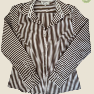 #503 – This professional shirt features a crisp chocolate brown and white vertical stri