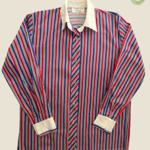 #409 – This professional shirt features a bold vertical stripe pattern in red, navy blu