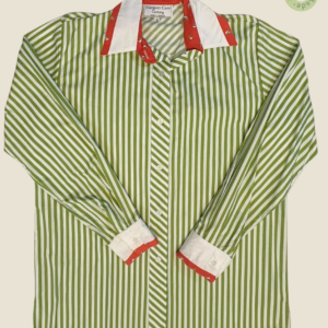 #231 – This shirt features an olive green and white vertical stripe. It is designed wit