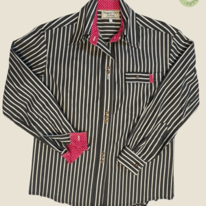#114 – This professional shirt features a charcoal and white vertical stripe. It is des