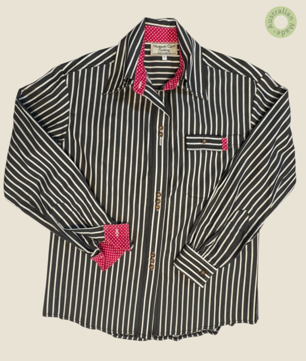 #114 – This professional shirt features a charcoal and white vertical stripe. It is des