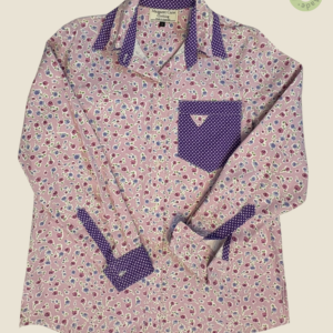 #117 – This shirt is crafted from a thicker cotton. It features a delicate mauve and bl