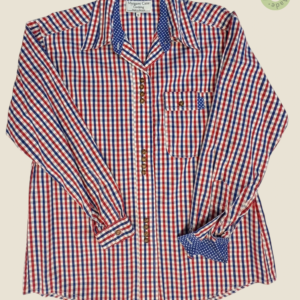 #118 – This professional shirt features a classic gingham check pattern in red, navy bl