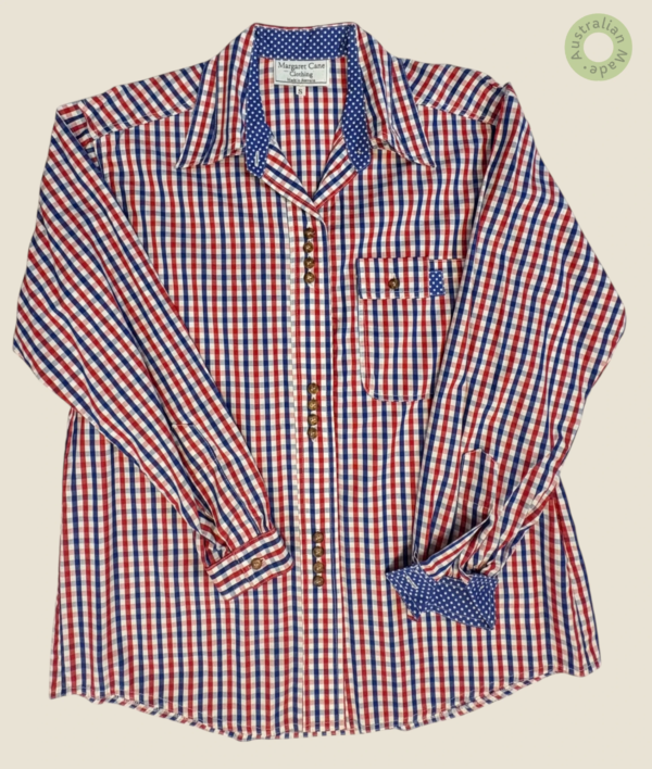 #118 – This professional shirt features a classic gingham check pattern in red, navy bl