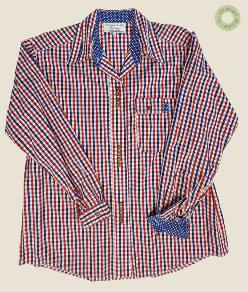 #118 – This professional shirt features a classic gingham check pattern in red, navy bl