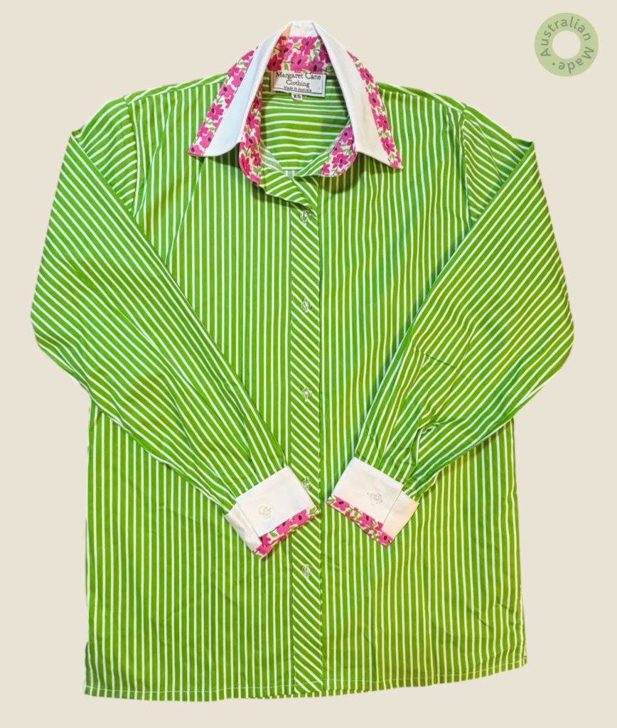 #230 – This professional shirt features a vibrant lime green and white vertical stripe.