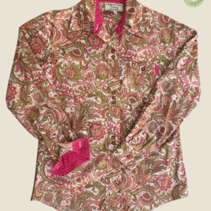 #119 – This shirt features an intricate all-over floral paisley print in shades of pink
