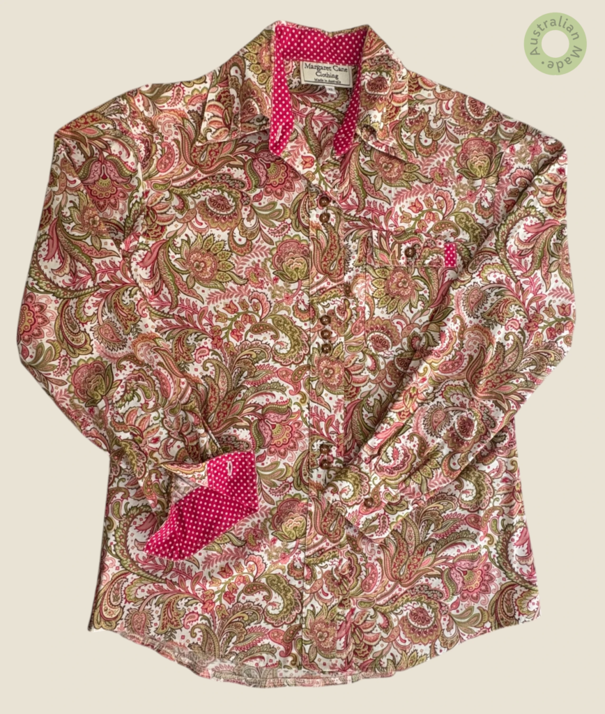 #119 – This shirt features an intricate all-over floral paisley print in shades of pink