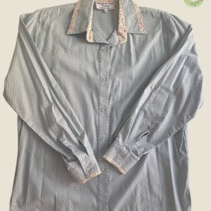 #235 – This shirt is crafted in a pale teal base featuring a white micro-polka dot prin