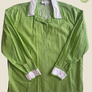 #237 – This shirt features a bright apple green and white vertical stripe pattern, with