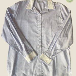 #238 – This shirt is featuring a navy pin-dot print set against a pale lilac base. It i