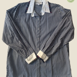 #239 – This shirt features a classic navy blue and white vertical stripe pattern, with