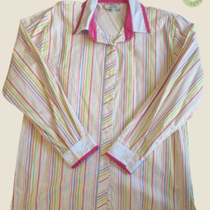 #240 – This shirt features a vibrant vertical stripe pattern in shades of coral, amber,
