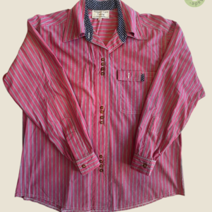 #120 – This shirt features a raspberry pink base with a vertical stripe pattern in navy