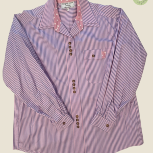 #121 – This professional shirt features a pale pink base with fine navy vertical stripe