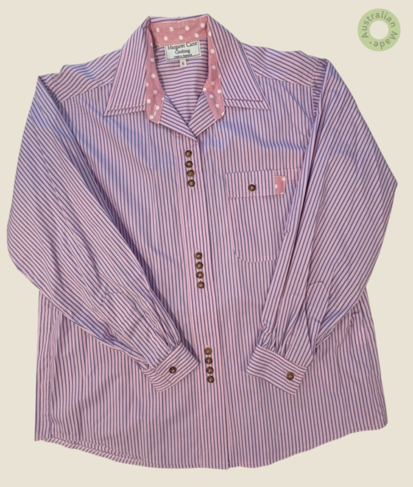 #121 – This professional shirt features a pale pink base with fine navy vertical stripe
