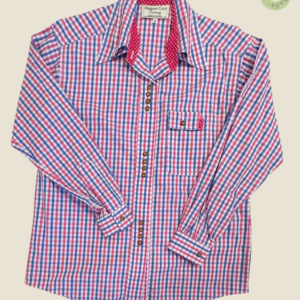 #122 – This professional shirt features a royal blue, magenta, and white gingham check,