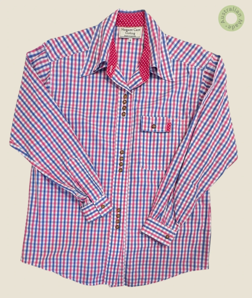 #122 – This professional shirt features a royal blue, magenta, and white gingham check,