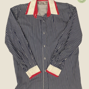#246 – This shirt features a navv and white vertical stripe pattern on the main body an