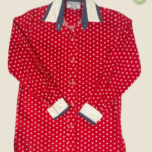 #241 – This shirt features a vibrant red and white polka dot pattern throughout the bod