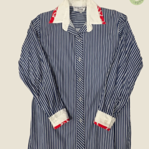 #242 – This shirt features a navy and white vertical stripe pattern on the main body an