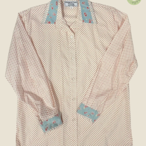 #243 – This shirt features a cream base with a red polka dot pattern throughout the bod