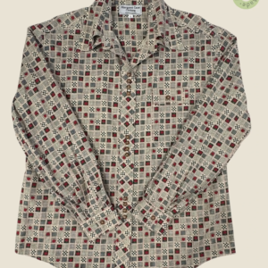 #128 – This professional shirt features a complex tiled pattern dominated by sage and a