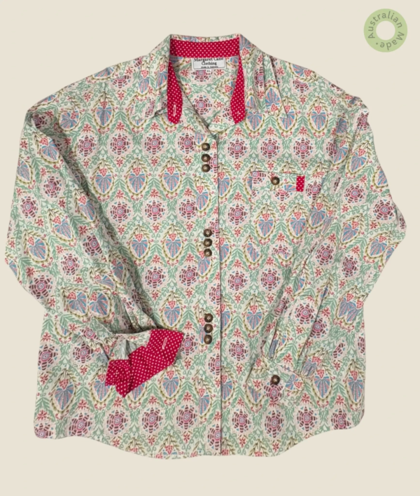 #125 – This professional shirt features an intricate, repeating pattern of stylized flo