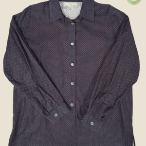 #415 – This shirt features a deep navv-plum base with a red micro-dot pattern throughou