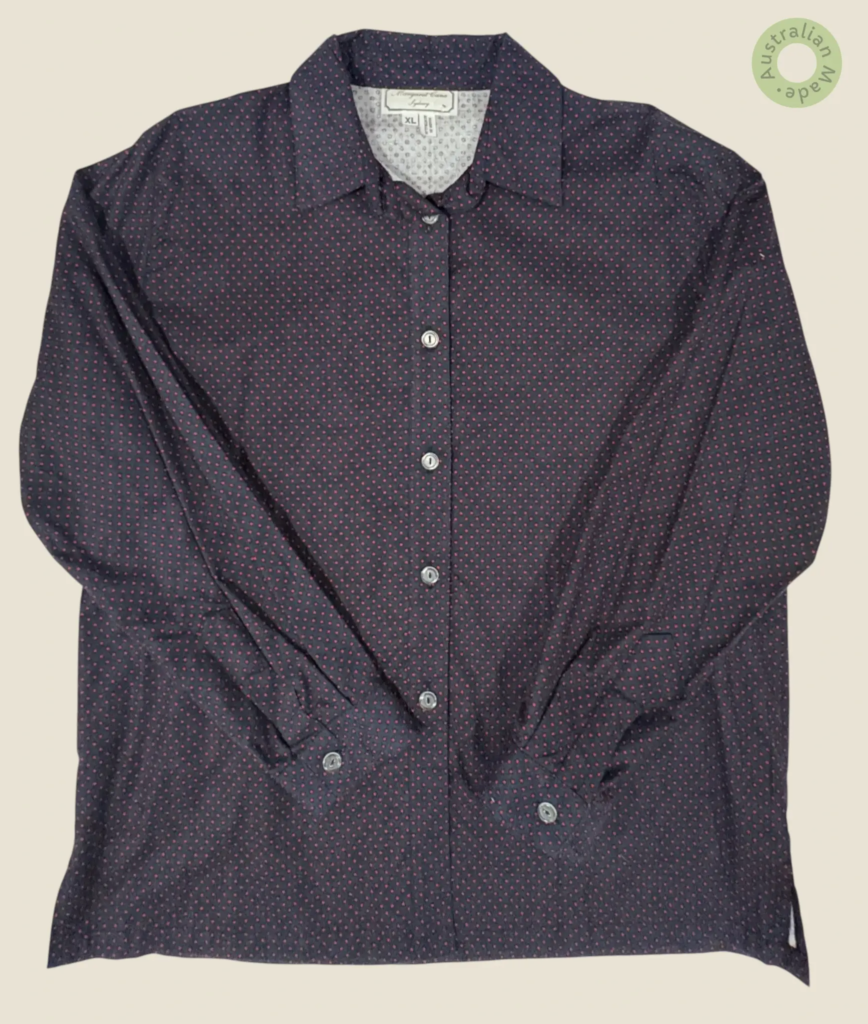 #415 – This shirt features a deep navv-plum base with a red micro-dot pattern throughou