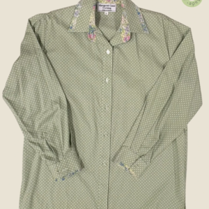 #245 – This shirt features a sage green and white polka dot pattern on the body, sleeve