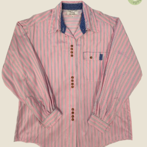 #137 – This shirt features a dense micro-floral print in berry, purple, and green. The