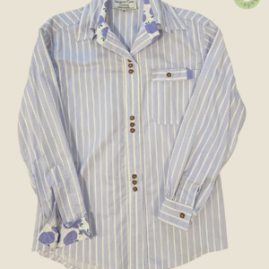#132 – This shirt features a lilac and white vertical stripe pattern on the main body,