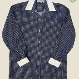 #250 – This shirt features a navy base with a white polka dot pattern throughout the ma