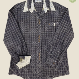 #134 – This shirt features a navy and white geometric pattern of star-filled medallions