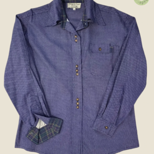 #133 – This shirt features a deep indigo and white honeycomb-style geometric pattern th