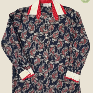 #249 – This shirt features a navy base with a red and white paisley floral pattern thro