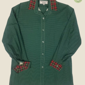 #253 – This shirt features a forest green base with a white micro-polka dot pattern thr