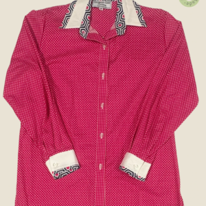 #254 – This shirt features a magenta base with a white micro-polka dot pattern througho