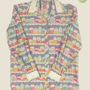 #257 – This shirt features a whimsical all-over print of colorful candy jars arranged i