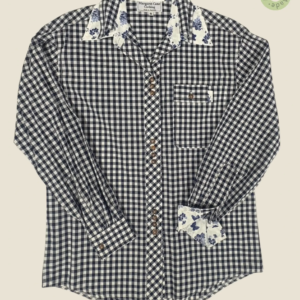 #136 – This shirt features a classic navy and white gingham check pattern throughout th