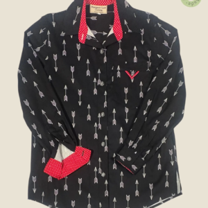 #453 – This shirt features a black base with a white vertical arrow pattern throughout