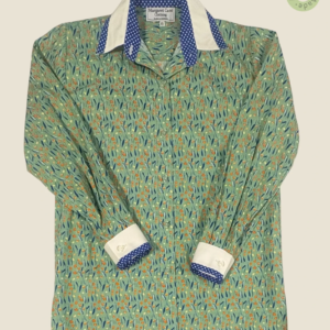 #258 – This shirt features a light green base with a dense orange and blue wildflower p