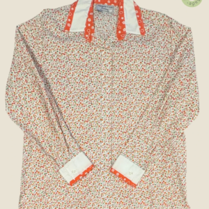 #259 – The Floral Orange Contrast Edge Shirt features a white base with a dense micro-f